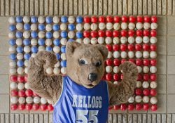KCC mascot Blaze flexes in front of an American flag made of baseballs at C.O. Brown Stadium.