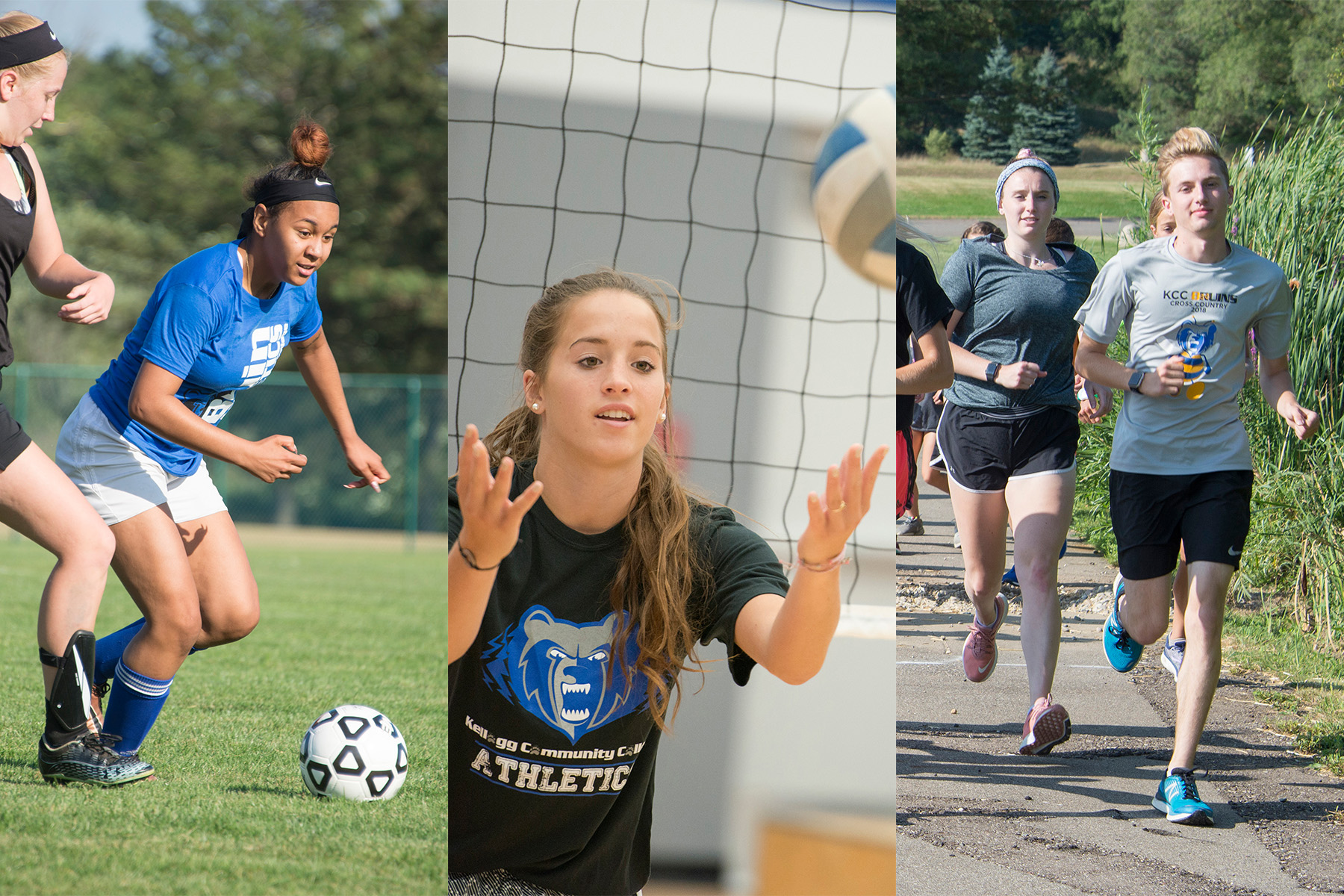 A collage of sports photos including women's soccer and women's volleyball players and cross country runners.