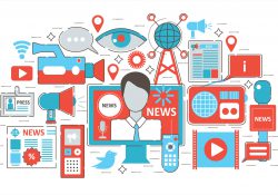 An illustration of various mass media graphics, like cameras, eyes, mobile devices, etc.