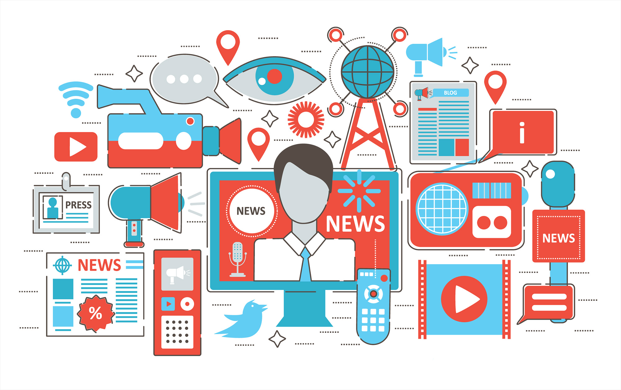 An illustration of various mass media graphics, like cameras, eyes, mobile devices, etc.