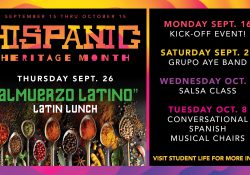 A text slide showing the schedule of Hispanic Heritage Month events at KCC.