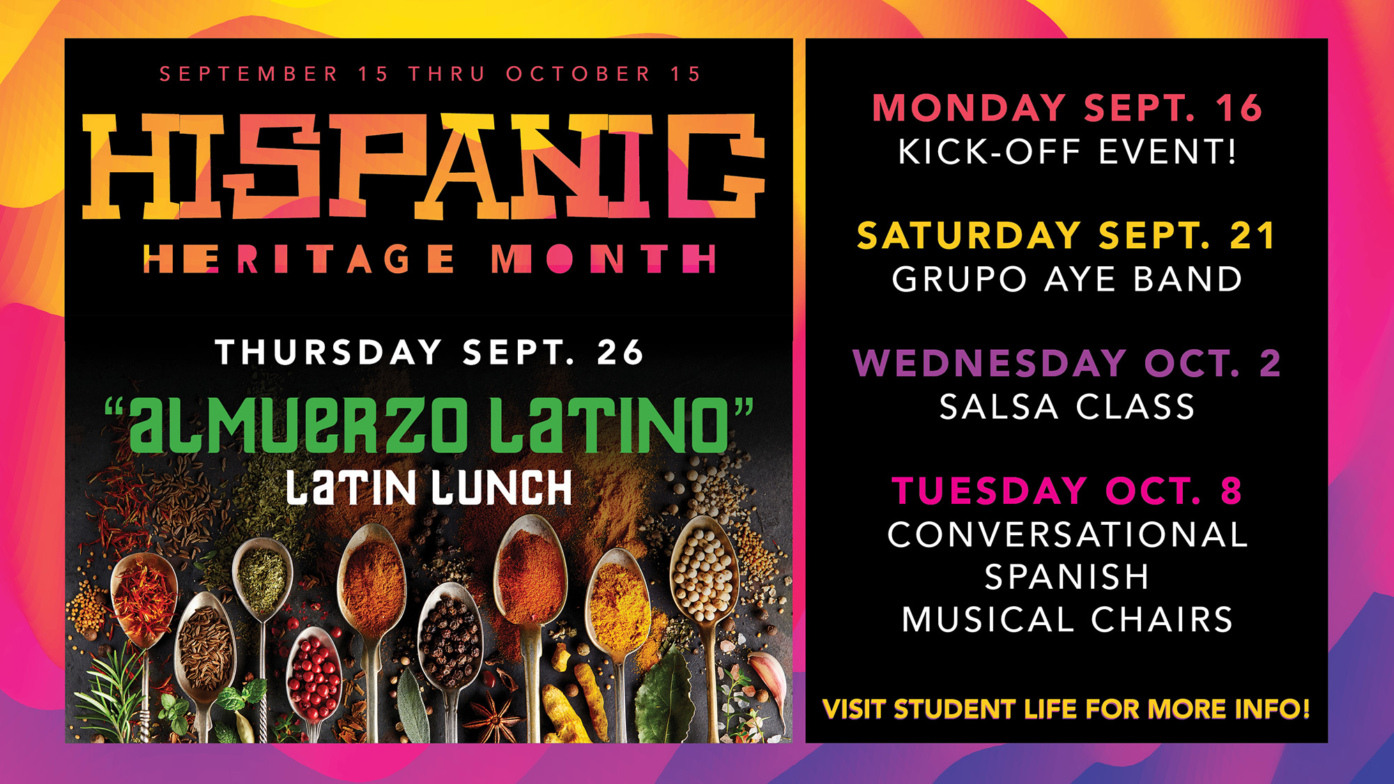 A text slide showing the schedule of Hispanic Heritage Month events at KCC.