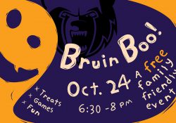 A decorative text slide featuring an orange ghost on a purple background and information about KCC's Oct. 24 Bruin Boo event.