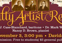 A text slide promoting KCC's Faculty Artist Recital scheduled for 3 p.m. Nov. 3, at the Davidson Center auditorium.
