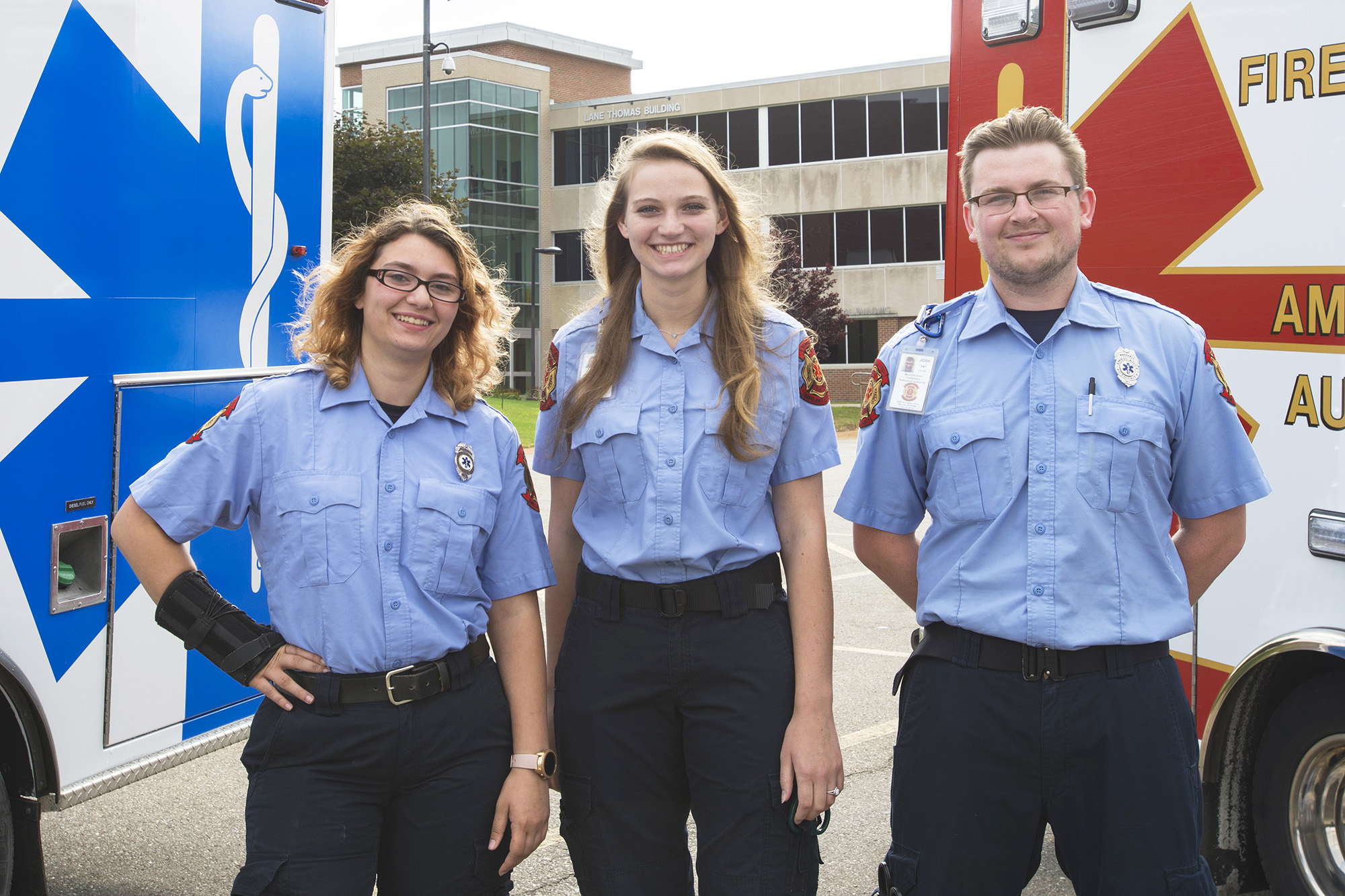 Pictured, from left to right, are KCC Basic EMT Program alumni and current Paramedic Program students Kristen Jaskiw, Abigail Sanger and Josh Turner.