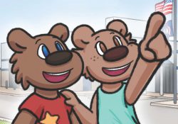 Detail from the cover to "Blaze Goes to the RMTC" featuring the two cartoon bear characters Blaze and Bella.
