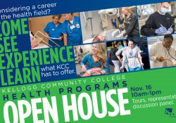 A promotional slide for KCC's Health Programs Open House featuring pictures of students from various KCC health programs.