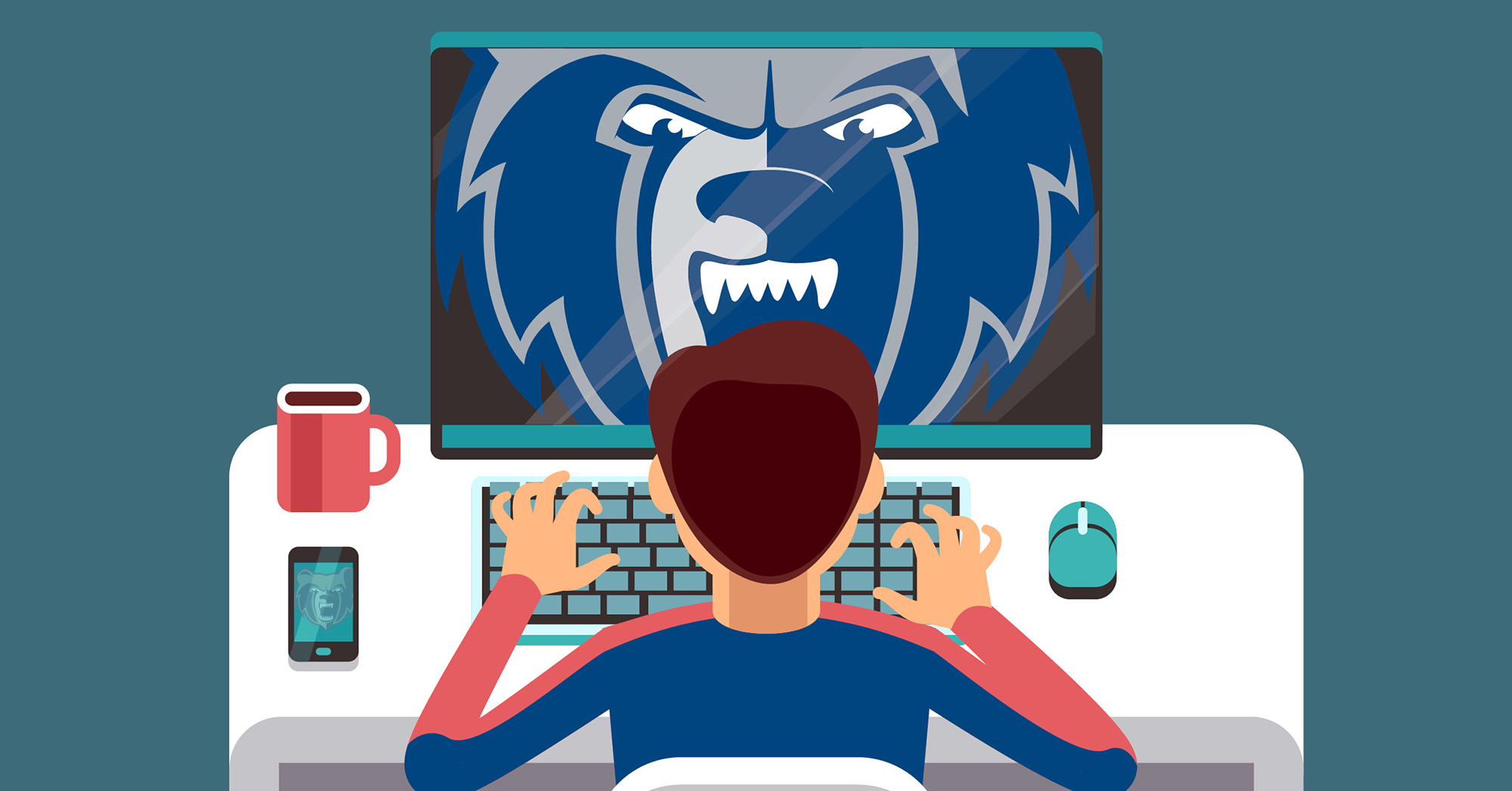 Illustration of a student working on a computer with a Bruin logo on the screen.