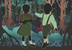 An illustration of two children in the woods.