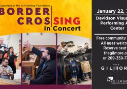 A decorative text slide with information about the Jan. 22 Border CrosSing concert.