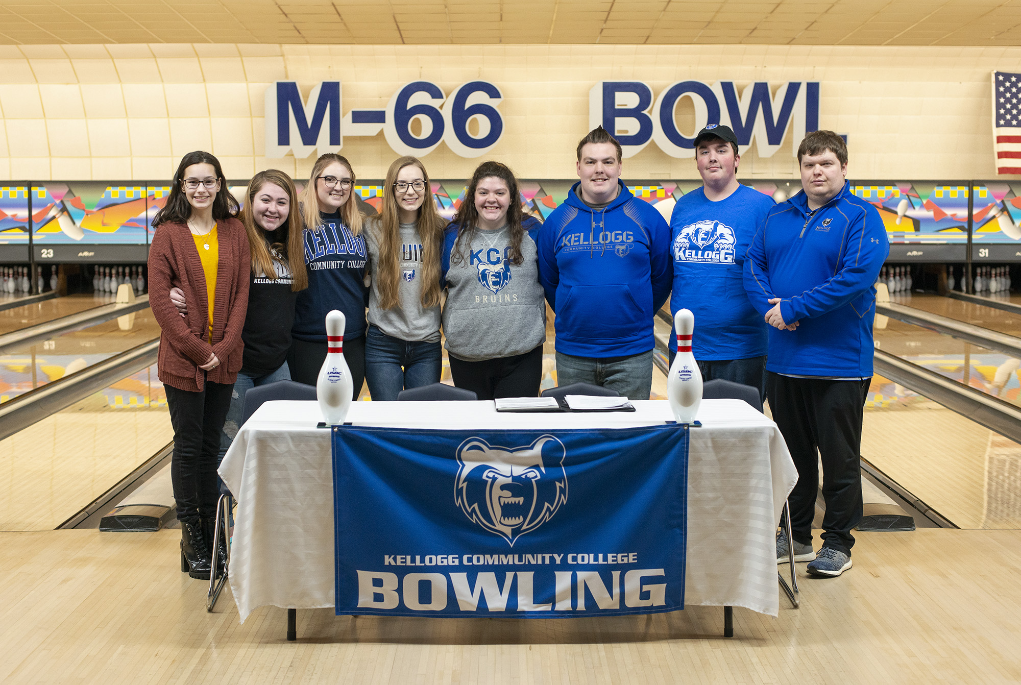 Pictured, from left to right, are KCC bowlers Rachel Erskine, Makayla Skidmore, Steffanie Woodman, Kelsey Kipp, Emma O'Donnell, Jacob O'Donnell and Andrew McKibbin, with Head Coach Brad Morgan.