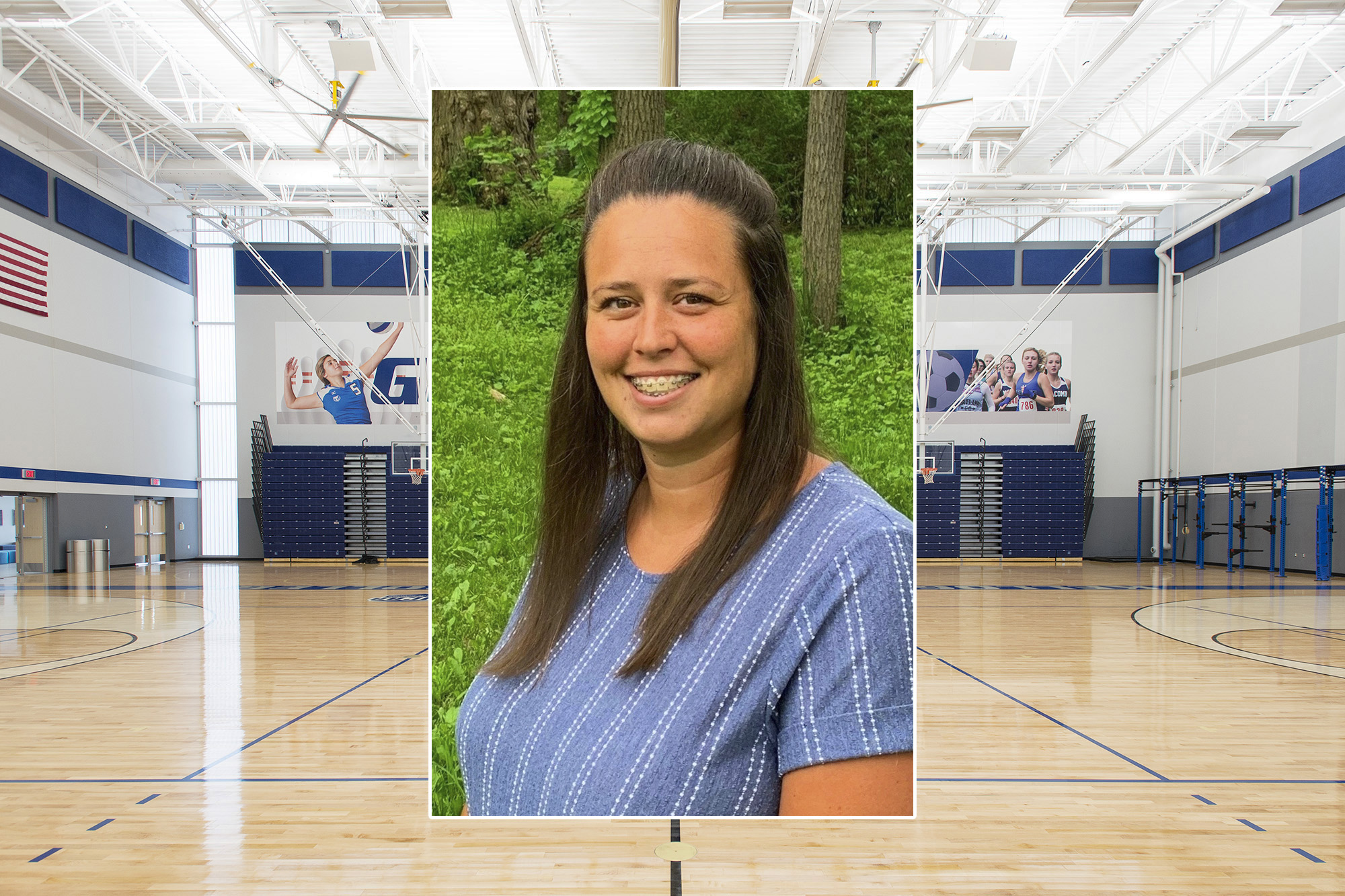 A portrait of Woman's Basketball Coach Kayla Whitmyer over the Miller Gym.