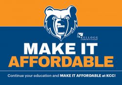 The Bruin head logo and text that reads Make It Affordable: Continue your education and make it affordable at KCC.