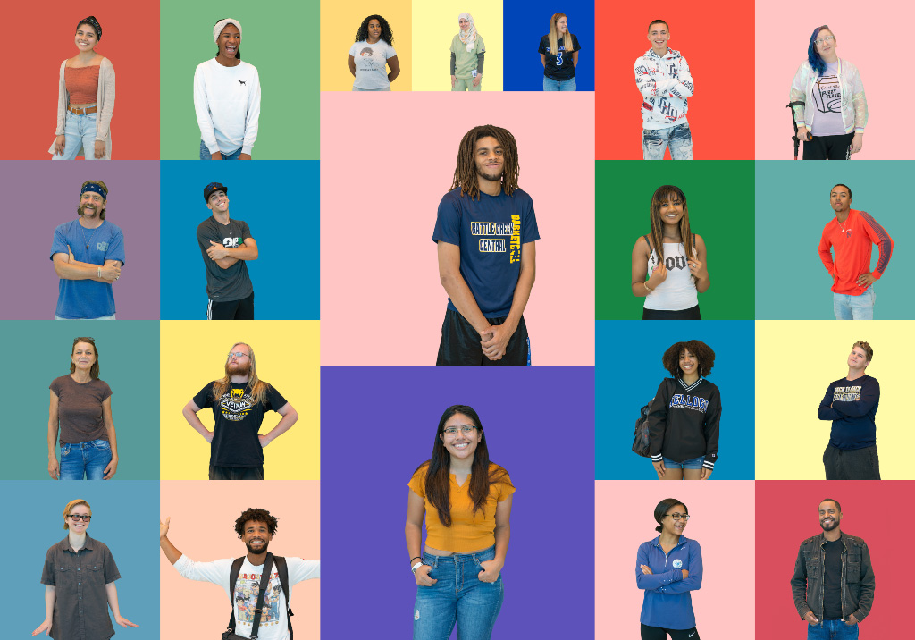 Portraits of students on colorful backgrounds.