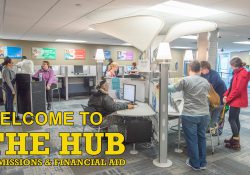 An image of the KCC Hub with text on it that reads "Welcome to the Hub Admissions and Financial Aid"