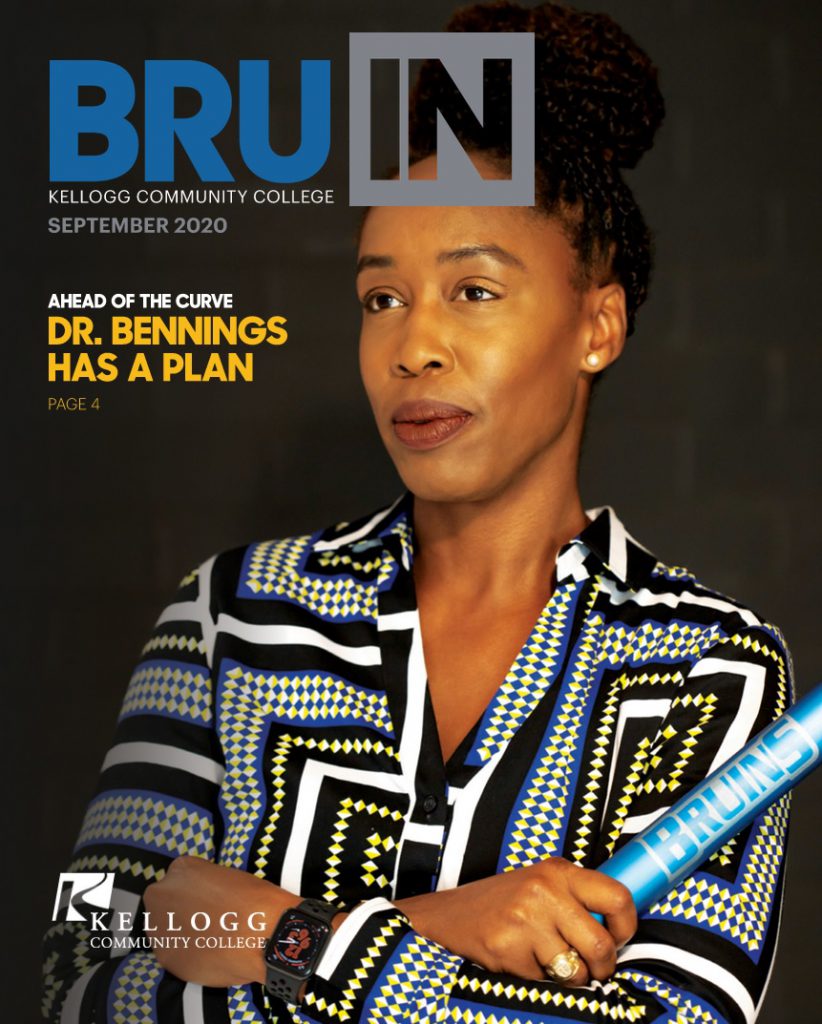 The cover of the September 2020 edition of BruIN magazine, featuring a portrait of KCC President Dr. Adrien Bennings.