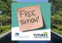 A decorative image with stylized text on a sticky note that reads "free tuition."