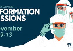 An illustration featuring health care workers in scrubs with text that reads "KCC's Allied Health Information Sessions: November 9-13."