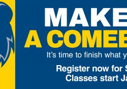 A text slide with the KCC logo and text that reads "Make it a comeback. It's time to finish what you started. Registration for spring classes starts Jan. 19."