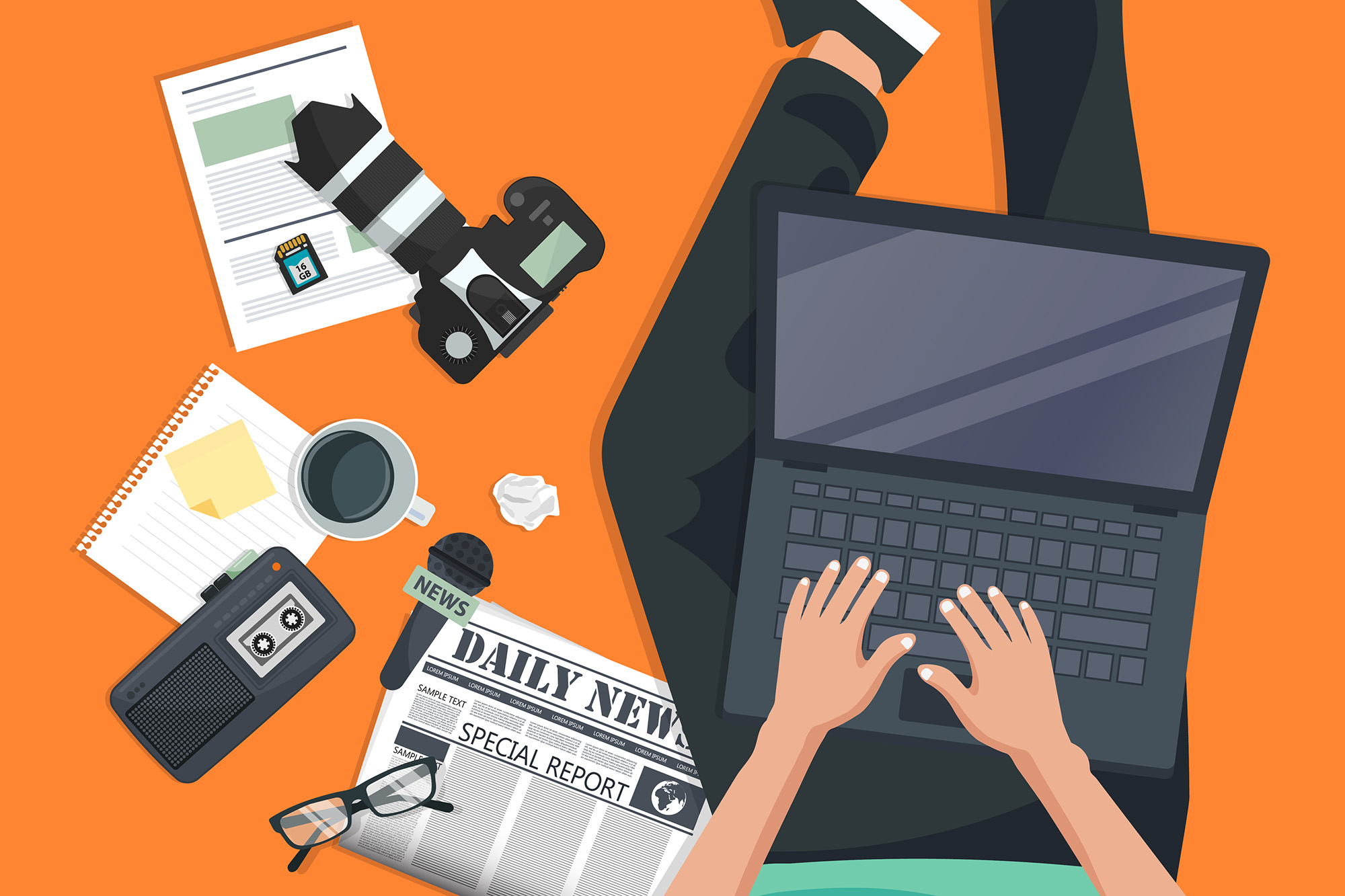 Stock illustration of a person typing on a laptop with various journalism tools around them, like a camera, newspaper, tape recorder, etc.