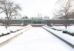 Snow blankets the reflecting pools at the entrance to KCC's North Avenue campus in Battle Creek.
