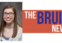 A portrait of Sarah Hubbard over a stylized orange and white background and white and purple text that reads "The Bruin News."