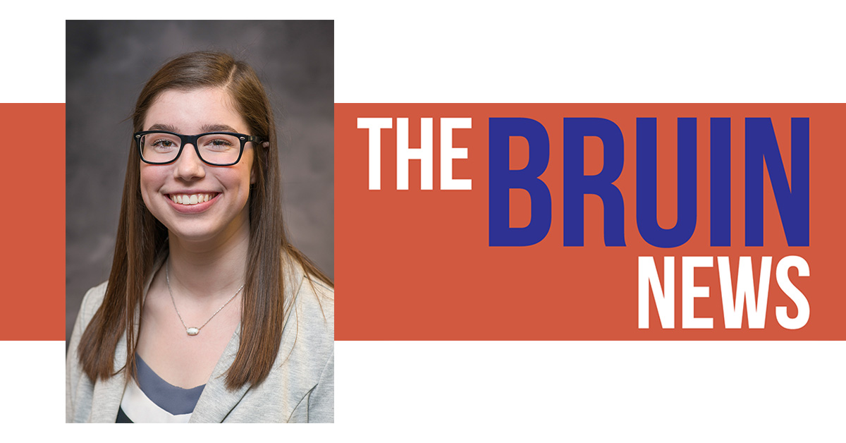 A portrait of Sarah Hubbard over a stylized orange and white background and white and purple text that reads "The Bruin News."