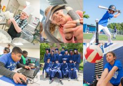 A collage of photos of kids participating in various summer camp activities.