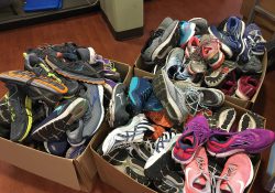 More than 70 pairs of shoes donated by the Kalamazoo Area Runners in Battle Creek this month.
