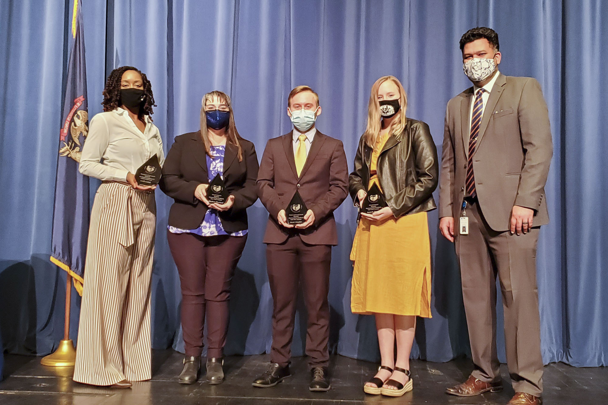 The 2021 Outstanding Division Graduates accept their awards. From left to right are Dr. Adrien Bennings, president of KCC; Gaylene Rowland; Jacob Janofski; Isabella Proulx; and Dr. Paul Watson, vice president for Instruction at KCC. Not pictured are student award winners Robert Essex and Sarah Smith.
