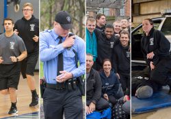 A collage of photos of KCC Police Academy cadets doing various activities.