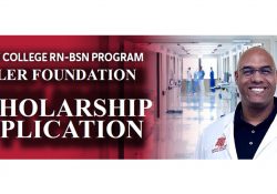 A nurse smiles on a text slide that reads "Olivet College RN-BSN Program Miller Foundation Scholarship Application."