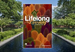 The cover of the Fall 2021 Lifelong Learning schedule superimposed over a view of the KCC reflecting pools.