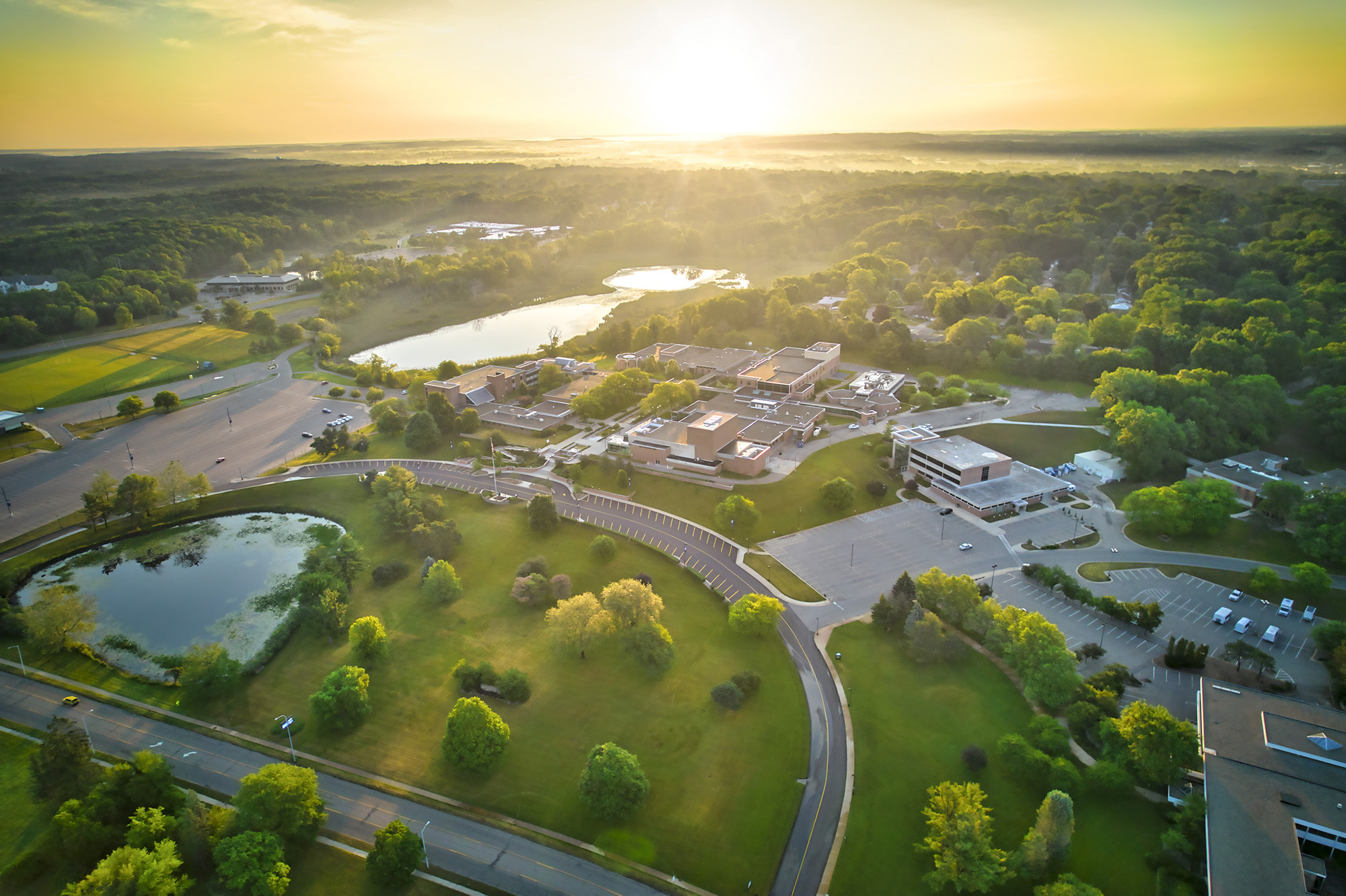 An aerial view of the North Avenue campus at sunrise.