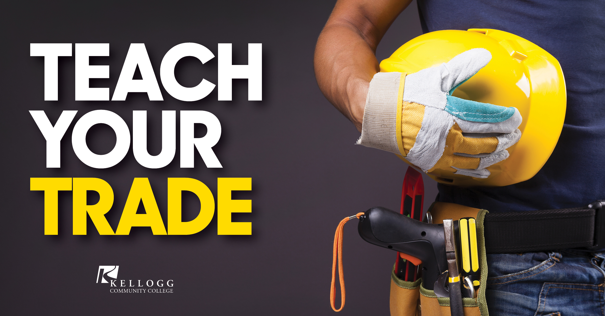 A person holds a hard hat on a text slide that reads, "Teach Your Trade."