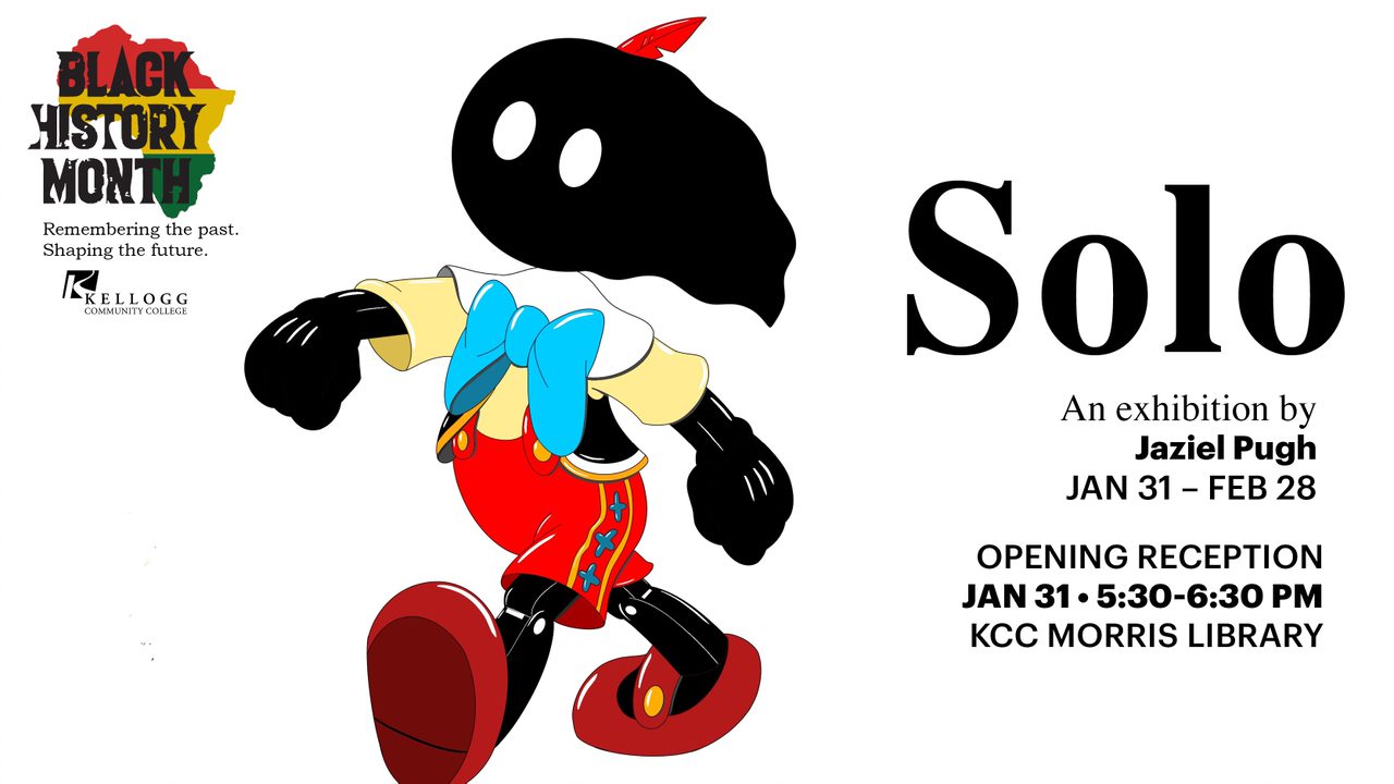 A title slide for Jaziel Pugh's "Solo" art exhibit featuring his character "Soul" dressed as Pinnochio.