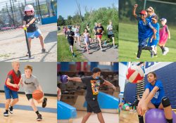 A collage of youth campers participating in various sports activities.