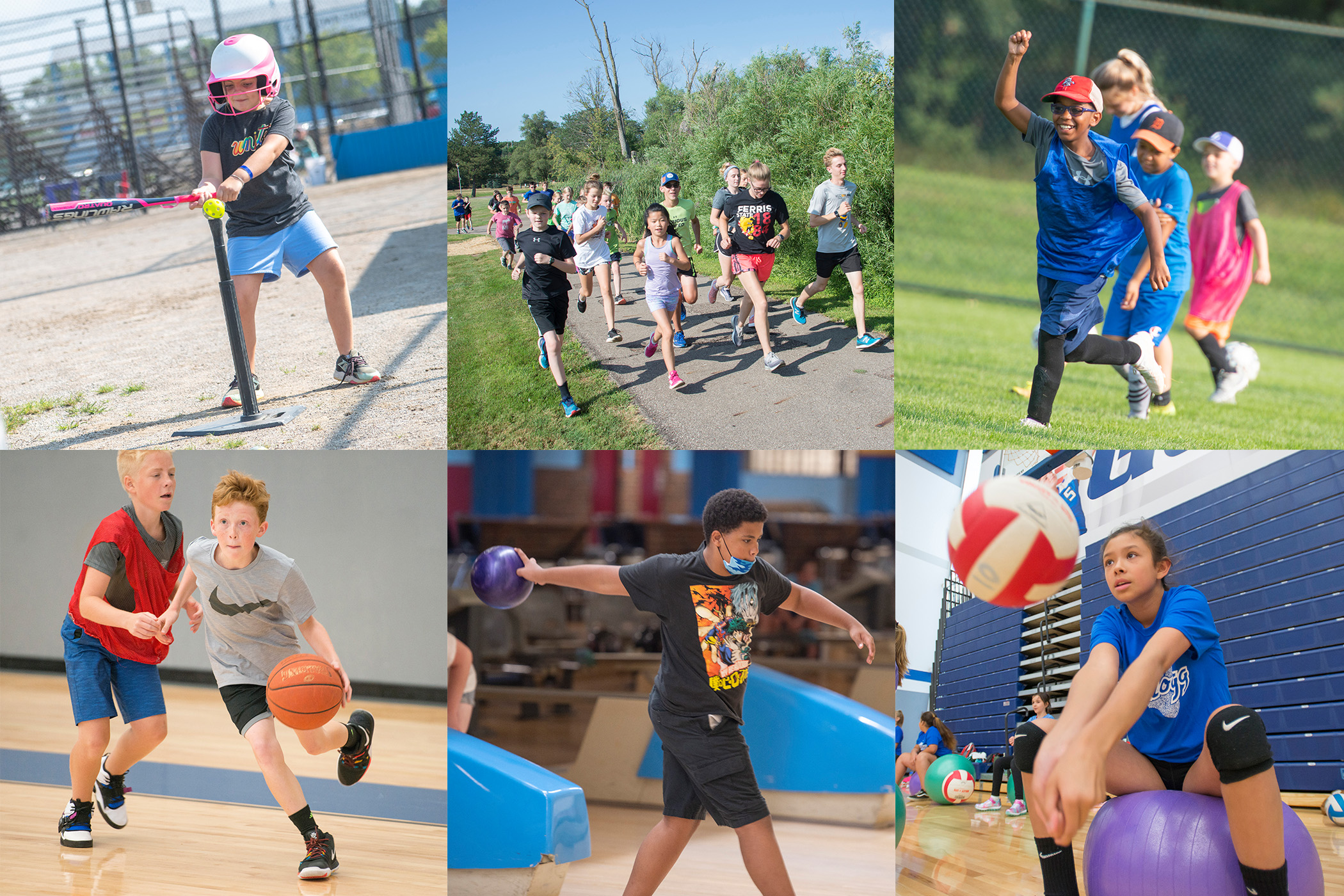 A collage of youth campers participating in various sports activities.
