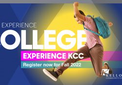 A male student in a backpack jumps on a stylized slide that reads "Experience college. Experience KCC. Register now for Fall 2022."