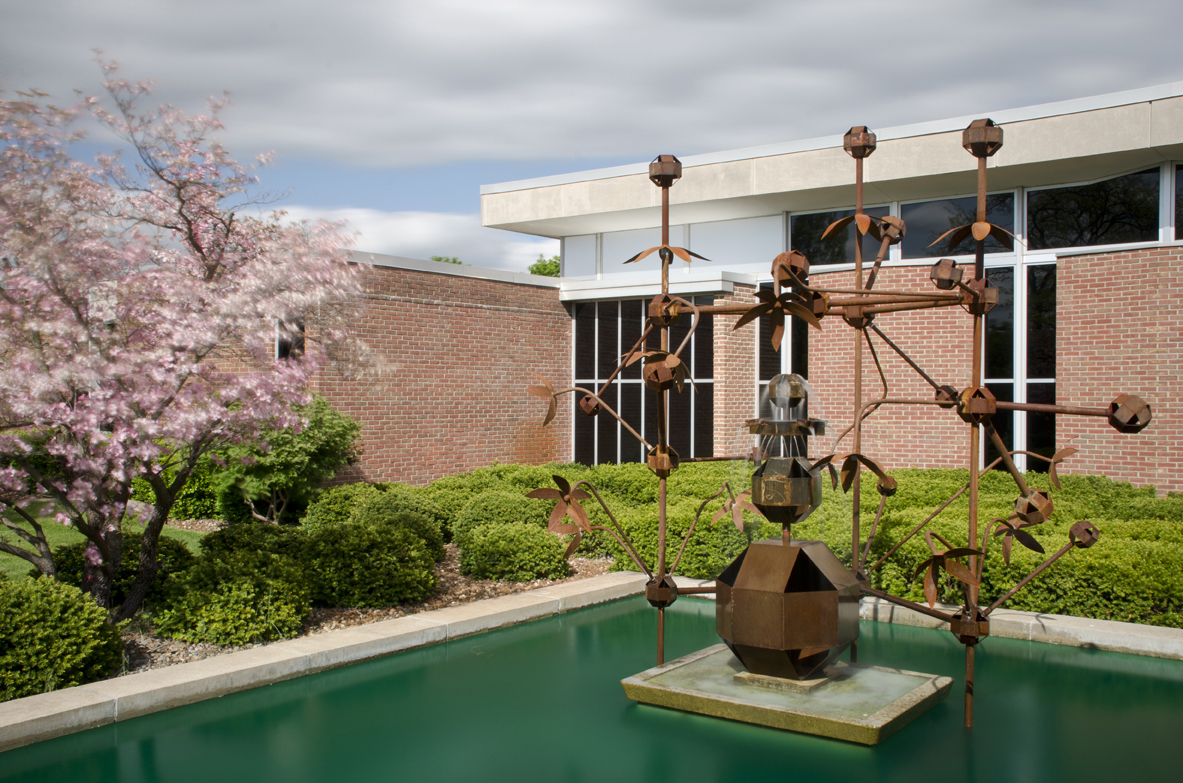 A sculptural fountain installed in a reflecting pool on KCC's North Avenue campus in Battle Creek.