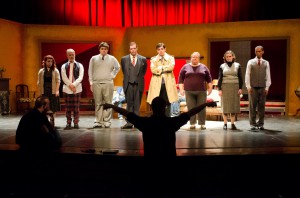 KCC theatre students stand during a dress rehearsal for their fall production of "The Mousetrap" in October.