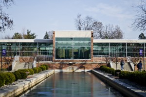 A view over the reflecting pools on KCC's North Avenue campus in Battle Creek.