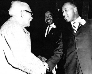 Martin Luther King, Jr., right, pictured on March 20, 1960, during an appearance in Battle Creek. Photo courtesy of KCC alumnus Kurt Thornton.