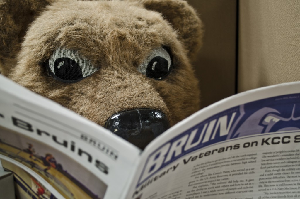 Blaze the mascot reads a recent edition of the Bruin student newspaper.