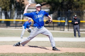 Sophomore pitcher Dirk Ormsby throws against Mott in Battle Creek on Thursday.