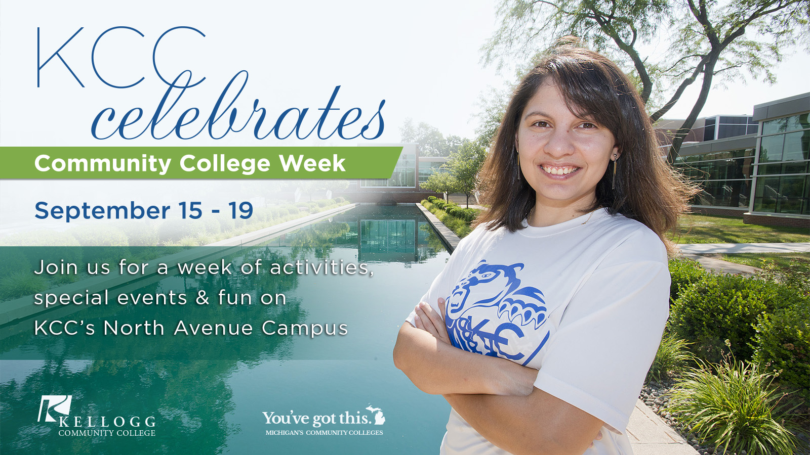 Digital slide graphics featuring a student by the reflecting pools to promote Community College Week.