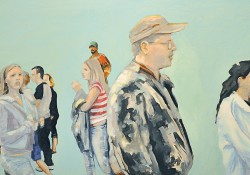 Detail from art by Jerry Mackey featuring a painting of people standing around with a blue-green background.