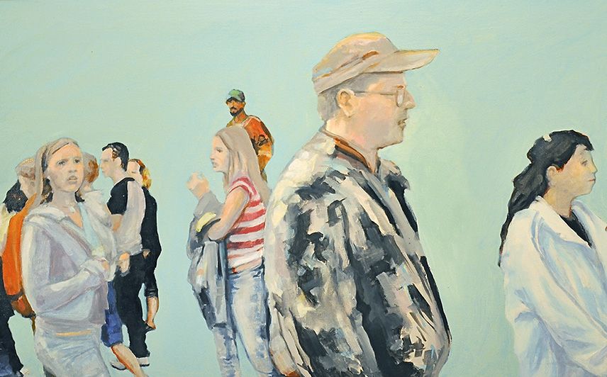 Detail from art by Jerry Mackey featuring a painting of people standing around with a blue-green background.