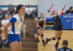 Two photos of women's volleyball player Tristen Ehredt during matches