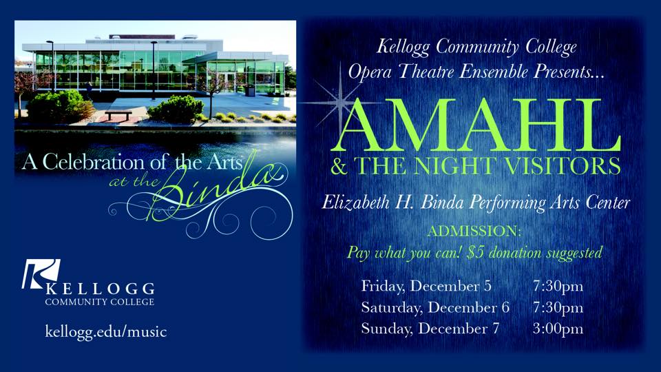 Postcard showing the Binda Theatre promoting the upcoming "Amahl and the Night Visitors" production.